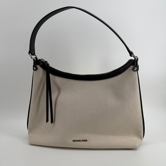 Michael Kors Maeve Large Hobo Canvas Leather Trim Black Gold Hardware NWT